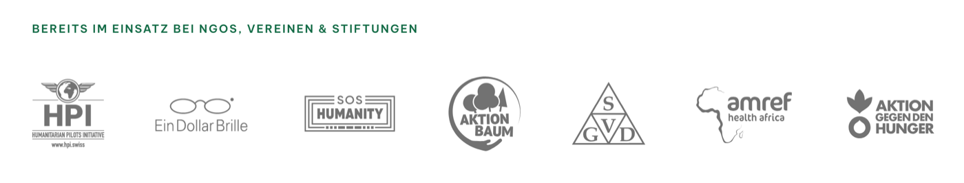 Logo-Leiste „Bereits im Einsatz bei NGOs, Vereinen & Stiftungen“ auf der Startseite von about.goodfunds.de